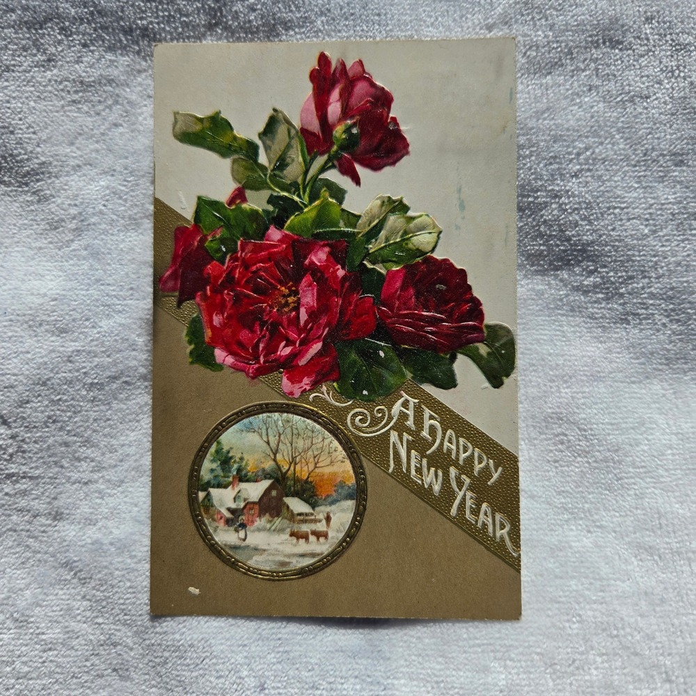 Antique A Happy New Year‎ Postcard Embossed Roses Winter Scene Germany 1910s